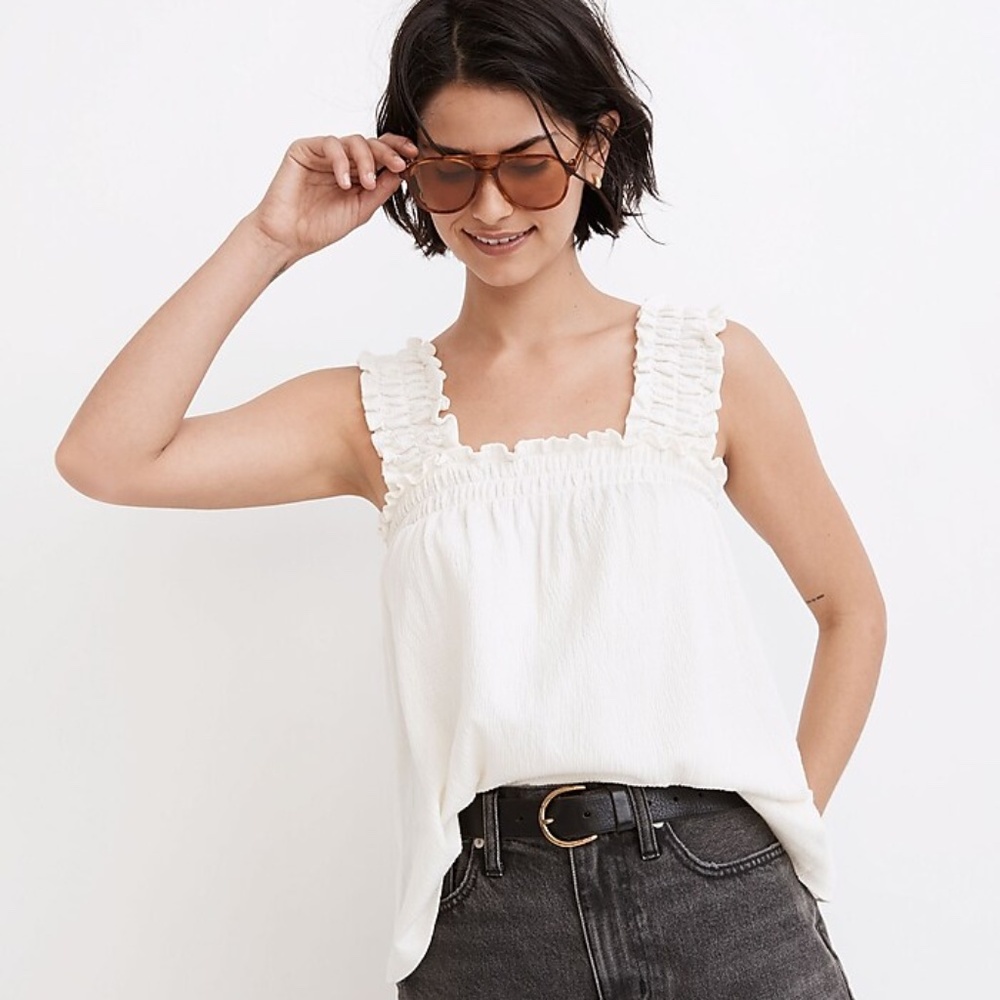 Madewell White Ruffle Strap Tank Top